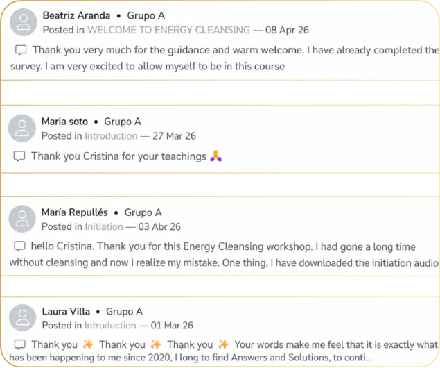 Student comments from the course community expressing gratitude for the Energetic Cleansing Method.