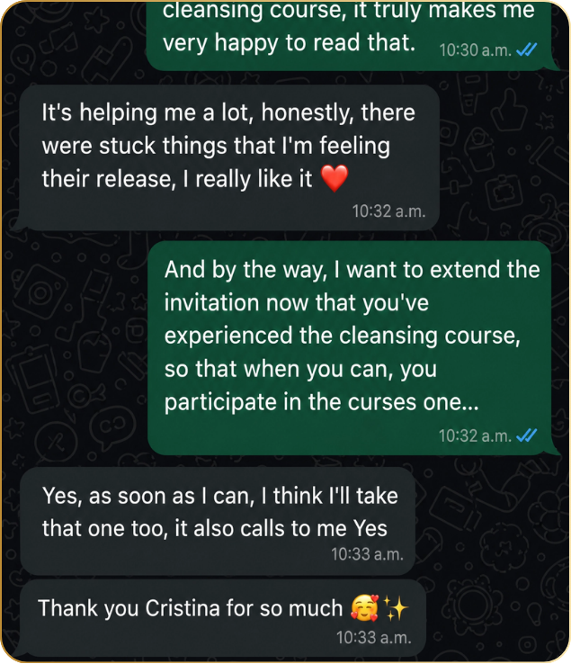 Message from a student sharing how the cleansing method is helping her release stuck energy.