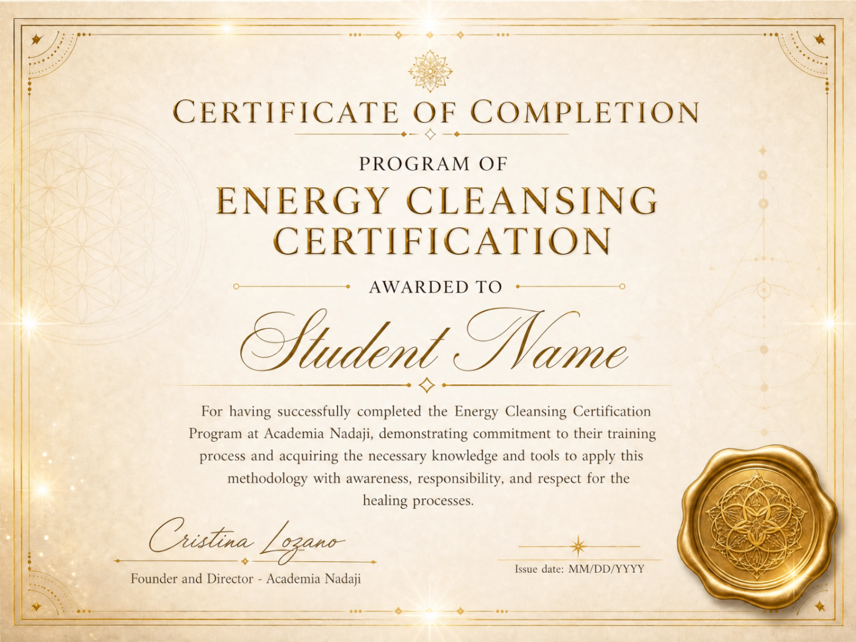 Academia Nadaji Certificate of Completion — Energetic Cleansing Method